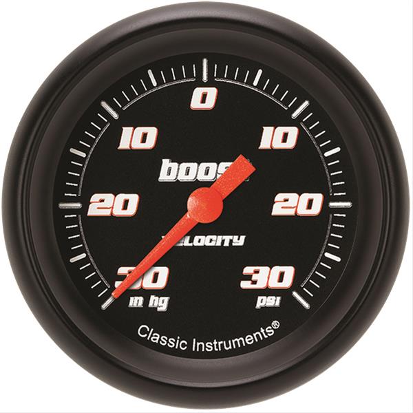 Classic Instruments Velocity Series Gauges VS341BBPF Gauge, Black Series, Boost/Vacuum, 30 in. Hg/30 psi, 2 5/8 in., Performance Bezel, Analog, Electrical, Each