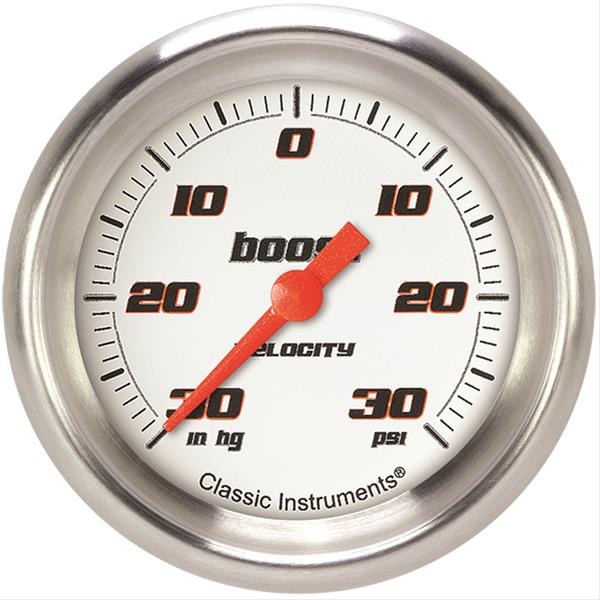 Classic Instruments Velocity Series Gauges VS341WAPF Gauge, White Series, Boost/Vacuum, 30 in. Hg/30 psi, 2 5/8 in., Performance Bezel, Analog, Electrical, Each