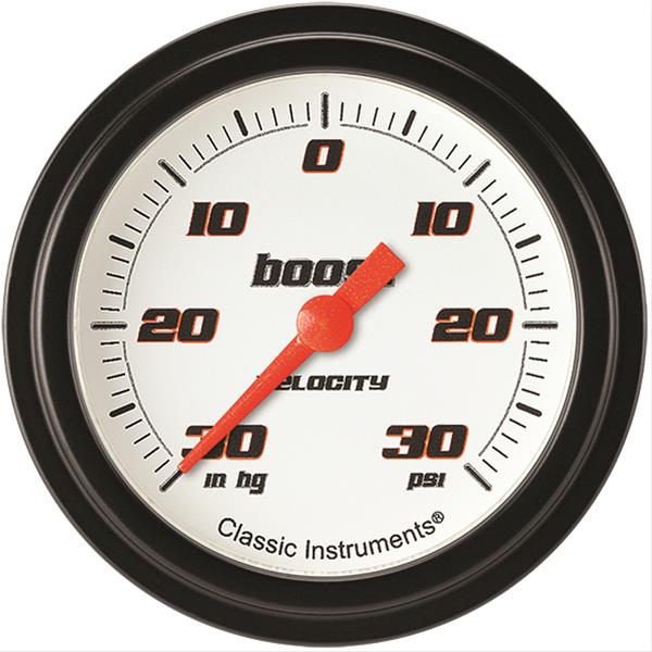 Classic Instruments Velocity Series Gauges VS341WBLF Gauge, White Series, Boost/Vacuum, 30 in. Hg/30 psi, 2 5/8 in., Low Step Bezel, Analog, Electrical, Each