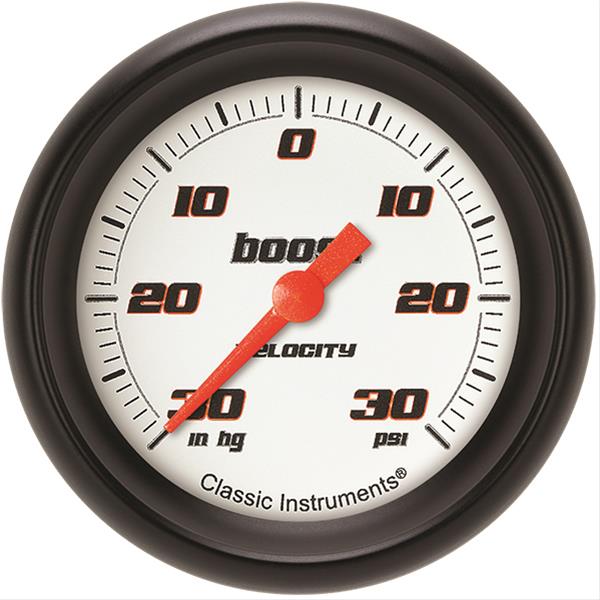 Classic Instruments Velocity Series Gauges VS341WBPF Gauge, White Series, Boost/Vacuum, 30 in. Hg/30 psi, 2 5/8 in., Performance Bezel, Analog, Electrical, Each