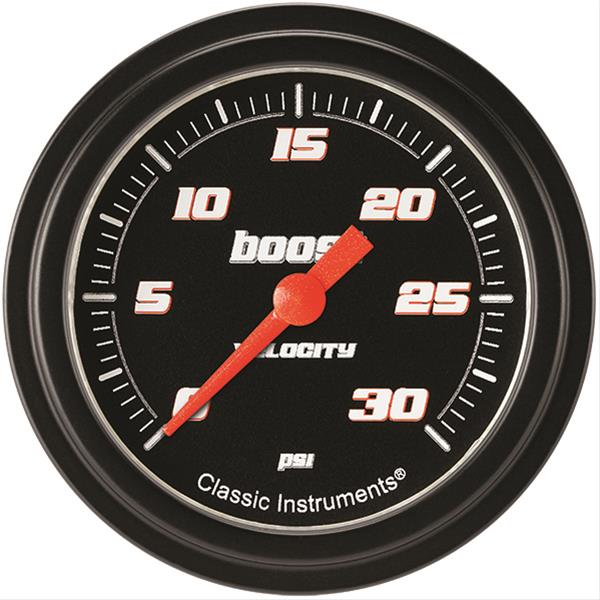 Classic Instruments Velocity Series Gauges VS342BBLF Gauge, Black Series, Boost Pressure, 0-30 PSI, 2 5/8 in., Low Step Bezel, Analog, Electrical, Each