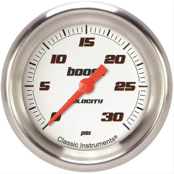 Classic Instruments Velocity Series Gauges VS342WAPF Gauge, White Series, Boost Pressure, 0-30 PSI, 2 5/8 in., Performance Bezel, Analog, Electrical, Each