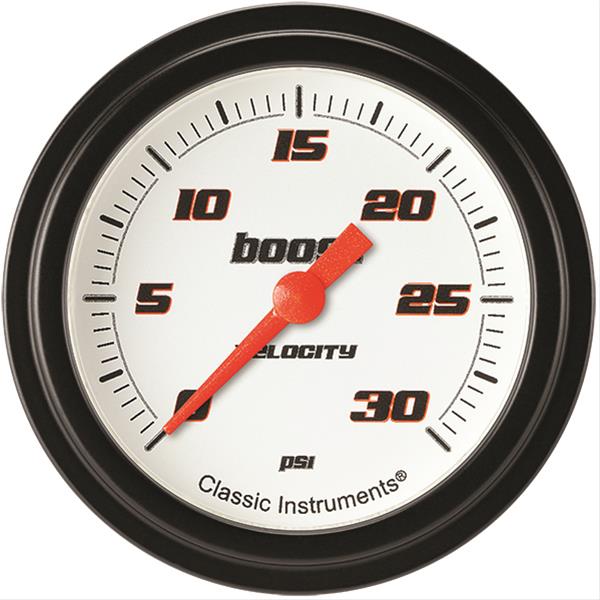 Classic Instruments Velocity Series Gauges VS342WBLF Gauge, White Series, Boost Pressure, 0-30 PSI, 2 5/8 in., Low Step Bezel, Analog, Electrical, Each