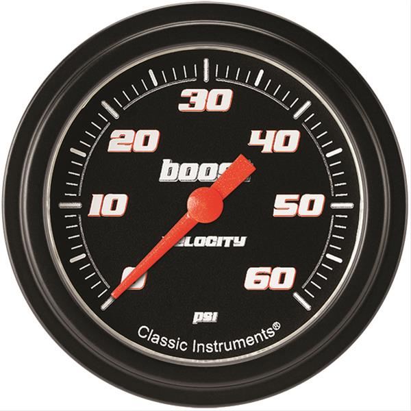 Classic Instruments Velocity Series Gauges VS343BBLF Gauge, Black Series, Boost Pressure, 0-60 PSI, 2 5/8 in., Low Step Bezel, Analog, Electrical, Each