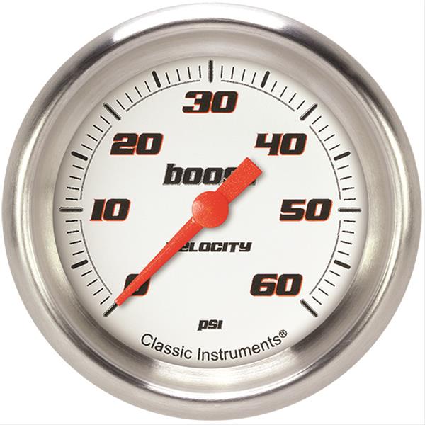 Classic Instruments Velocity Series Gauges VS343WAPF Gauge, White Series, Boost Pressure, 0-60 PSI, 2 5/8 in., Performance Bezel, Analog, Electrical, Each
