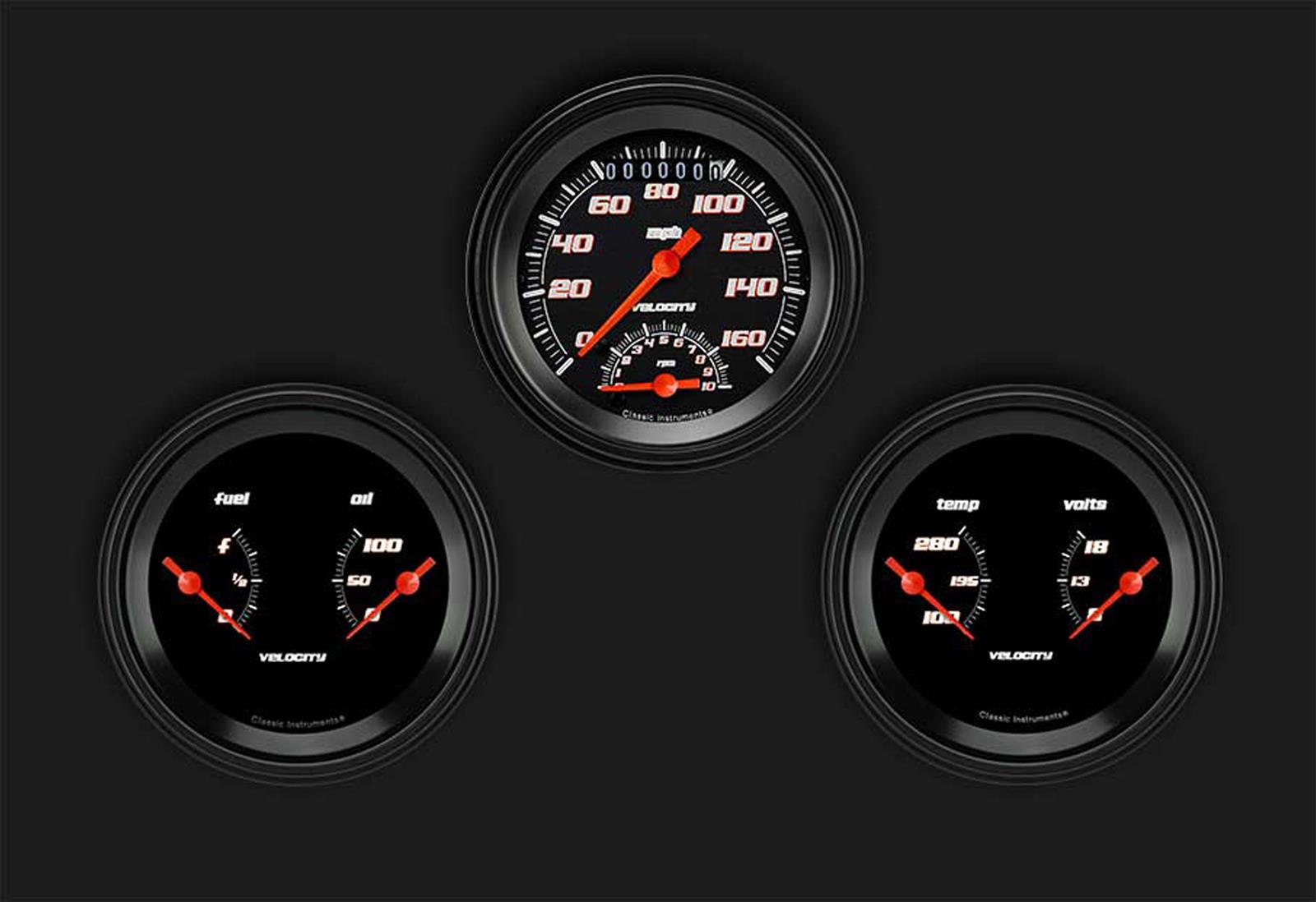 Classic Instruments Velocity Black Series Gauge Sets VS34BBLF Kit, Black, 3 3/8 in., Speedometer, Tachometer, Fuel Level, Oil Pressure, Water Temp, Voltmeter, Low-Step Bezel, Flat Lens, Kit