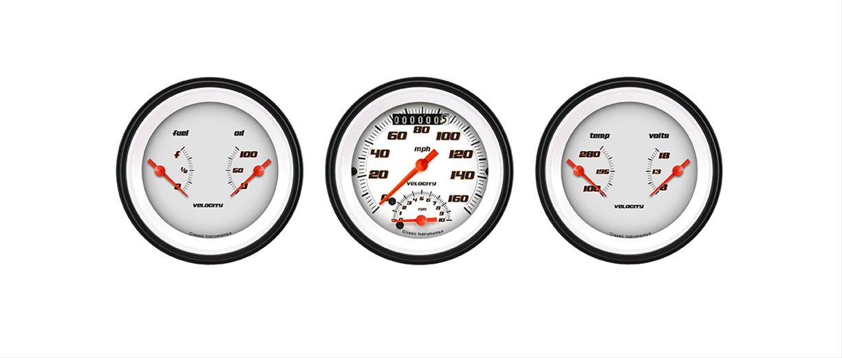 Classic Instruments Velocity Series Gauge Sets VS34WBLF Kits, Velocity, Analog, Speed, Tach, Fuel Level, Oil Press., Volts, Water Temp., 3 3/8 in., White Face, Black with Orange Outline Numbers, Kit