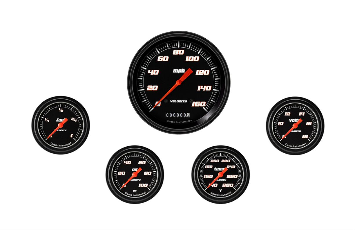 Classic Instruments Velocity Series Gauge Sets VS354BBLF Gauges, Series, Speedometer, Water Temperature, Oil Pressure, Fuel Level, Volt, Black Face, Analog, Set of 5