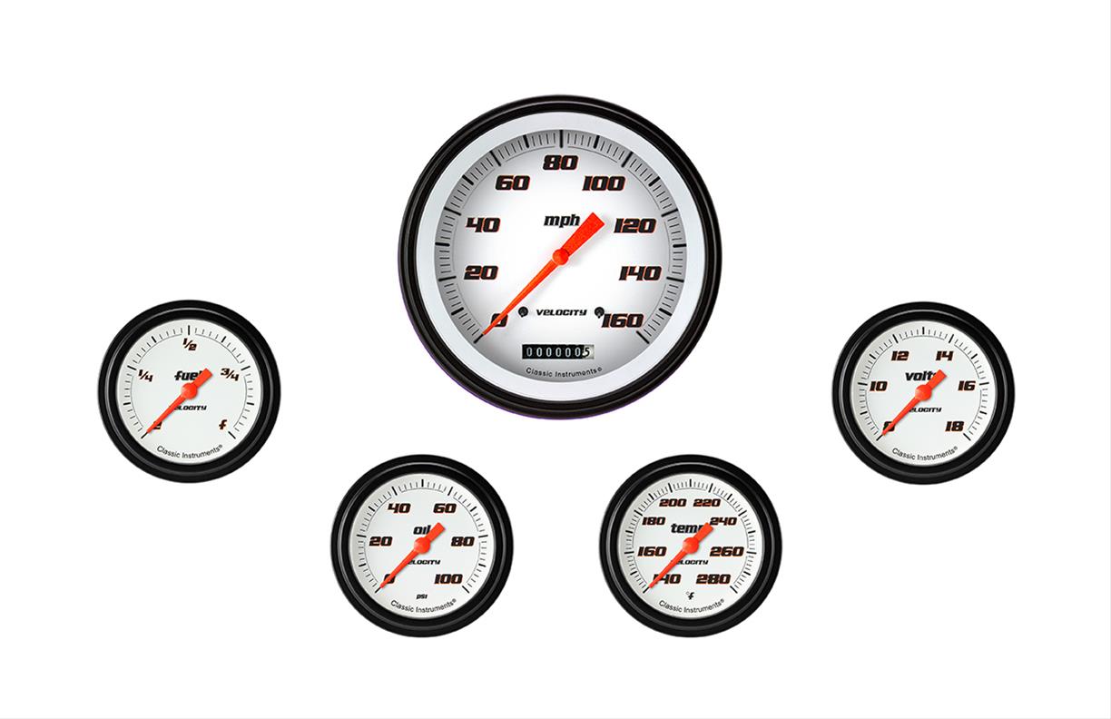 Classic Instruments Velocity Series Gauge Sets VS354WBLF Gauges, Series, Speedometer, Water Temperature, Oil Pressure, Fuel Level, Volt, White Face, Analog, Set of 5