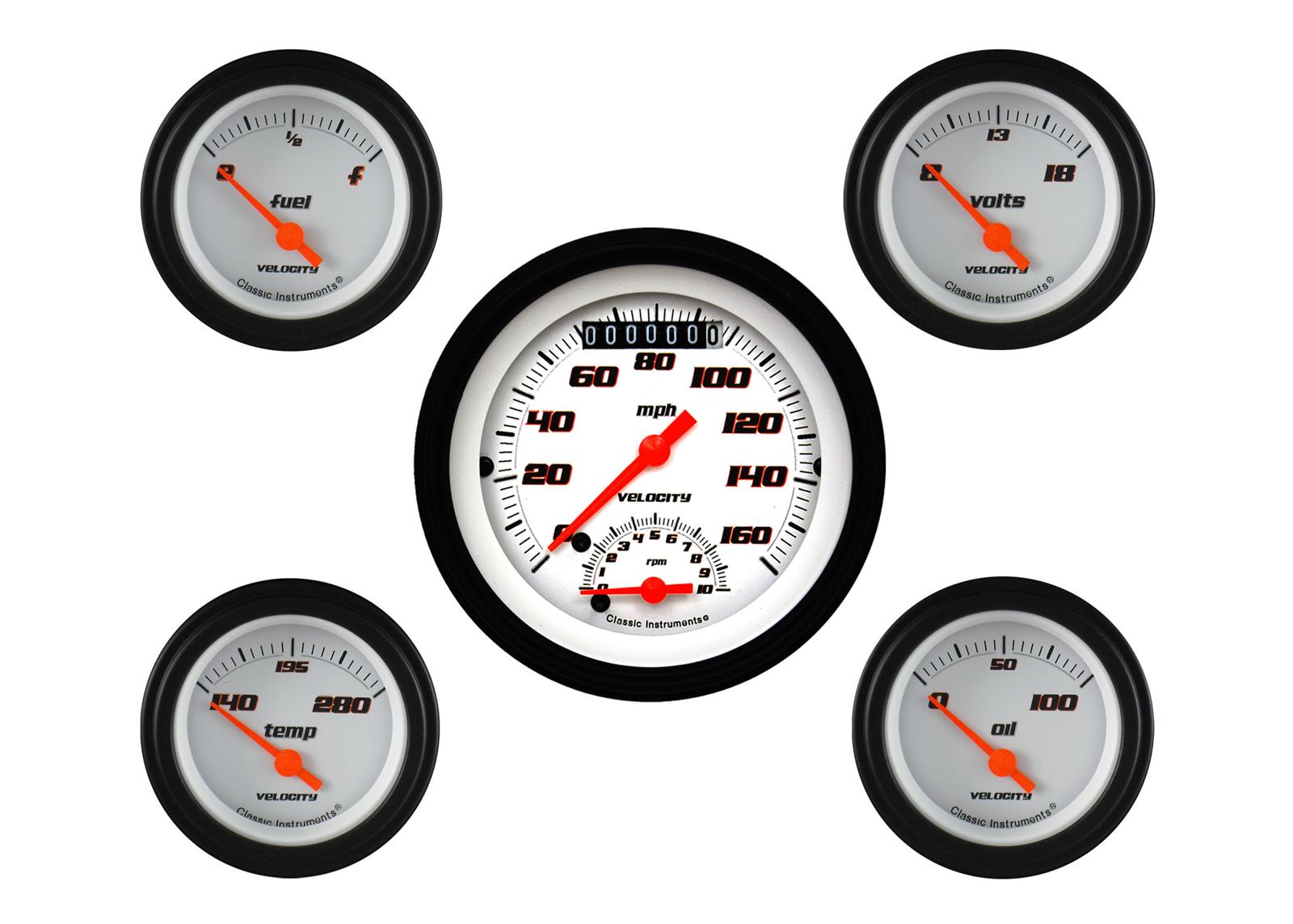 Classic Instruments Velocity Series Gauge Sets VS35WBLF Gauges, Series, Speedometer, Tach, Water Temperature, Fuel Level, White Face, Analog, Set of 5
