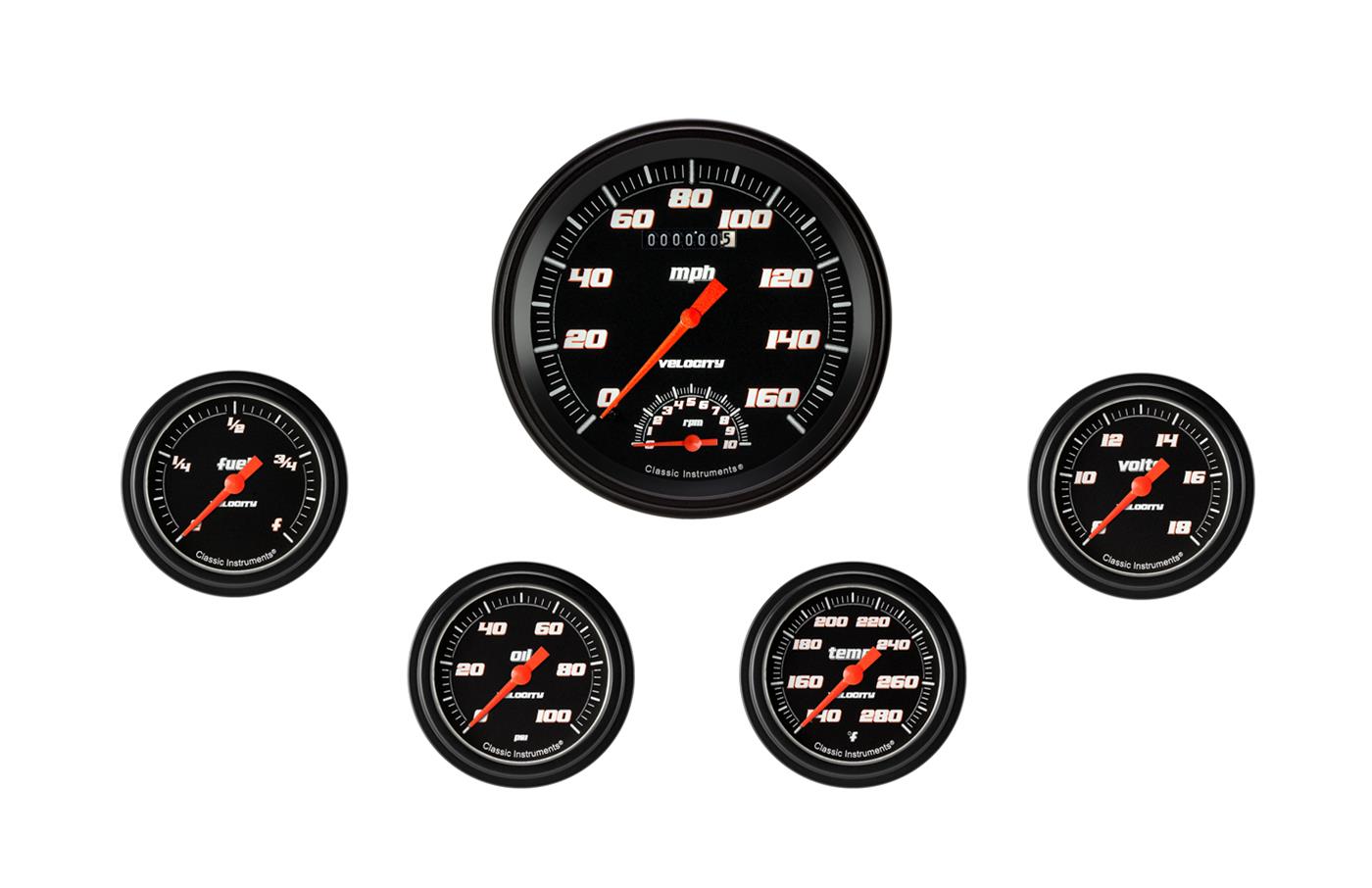 Classic Instruments Velocity Black Series Gauge Sets VS365BBLF Set, 4 5/8 in. Tachometer, Speedometer, 2 5/8 in. Fuel, Oil, Temp, Volts, Set of 5