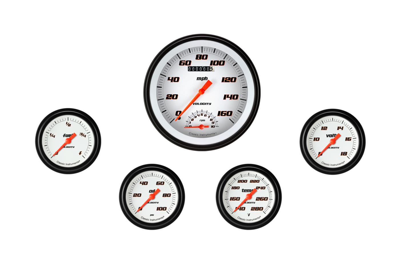 Classic Instruments Velocity White Series Gauge Sets VS365WBLF Set, 4 5/8 in. Tachometer, Speedometer, 2 5/8 in. Fuel, Oil, Temp, Volts, Set of 5