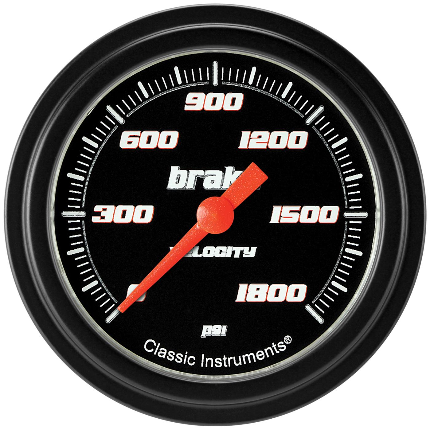 Classic Instruments Velocity Series Gauges VS367BBLF Gauges, Series, Brake Pressure, 0-1,800 psi, Analog, Electrical, 2 5/8 in., Black Face, White Numbers, Matte Black Bezel, Each