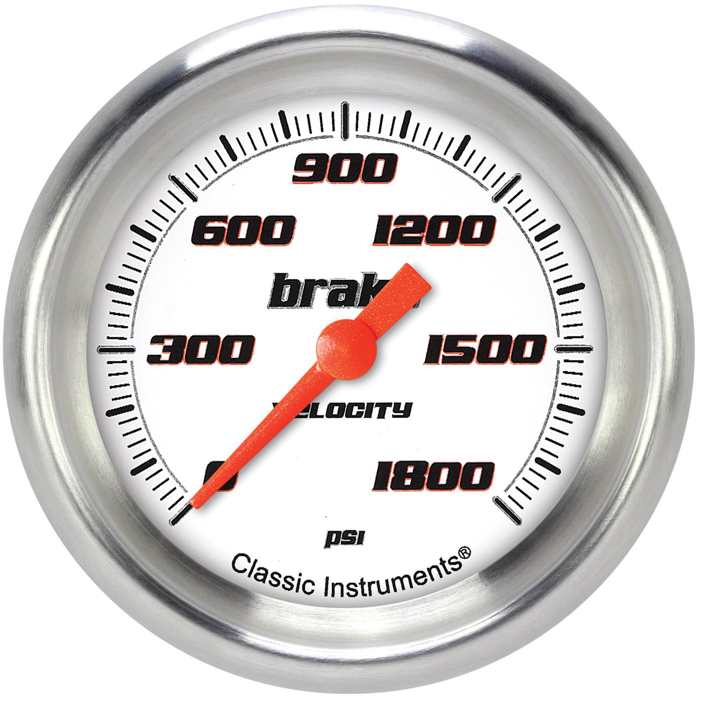 Classic Instruments Velocity Series Gauges VS367WAPF Gauges, Series, Brake Pressure, 0-1,800 psi, Analog, Electrical, 2 5/8 in., White Face, Black Numbers, Brushed Aluminum Color Bezel, Each