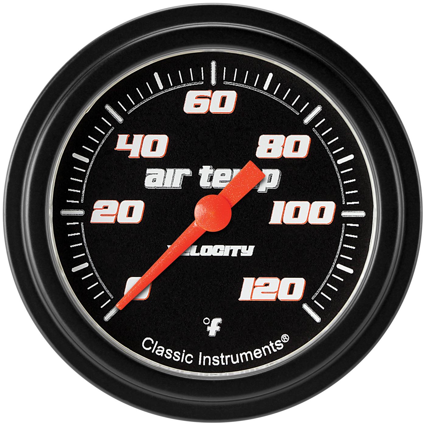 Classic Instruments Velocity Series Gauges VS399BBLF Gauges, Series, Air Temperature, 0-120 degrees F, Analog, Electrical, 2 5/8 in., Black Face, White Numbers, Matte Black Bezel, Each