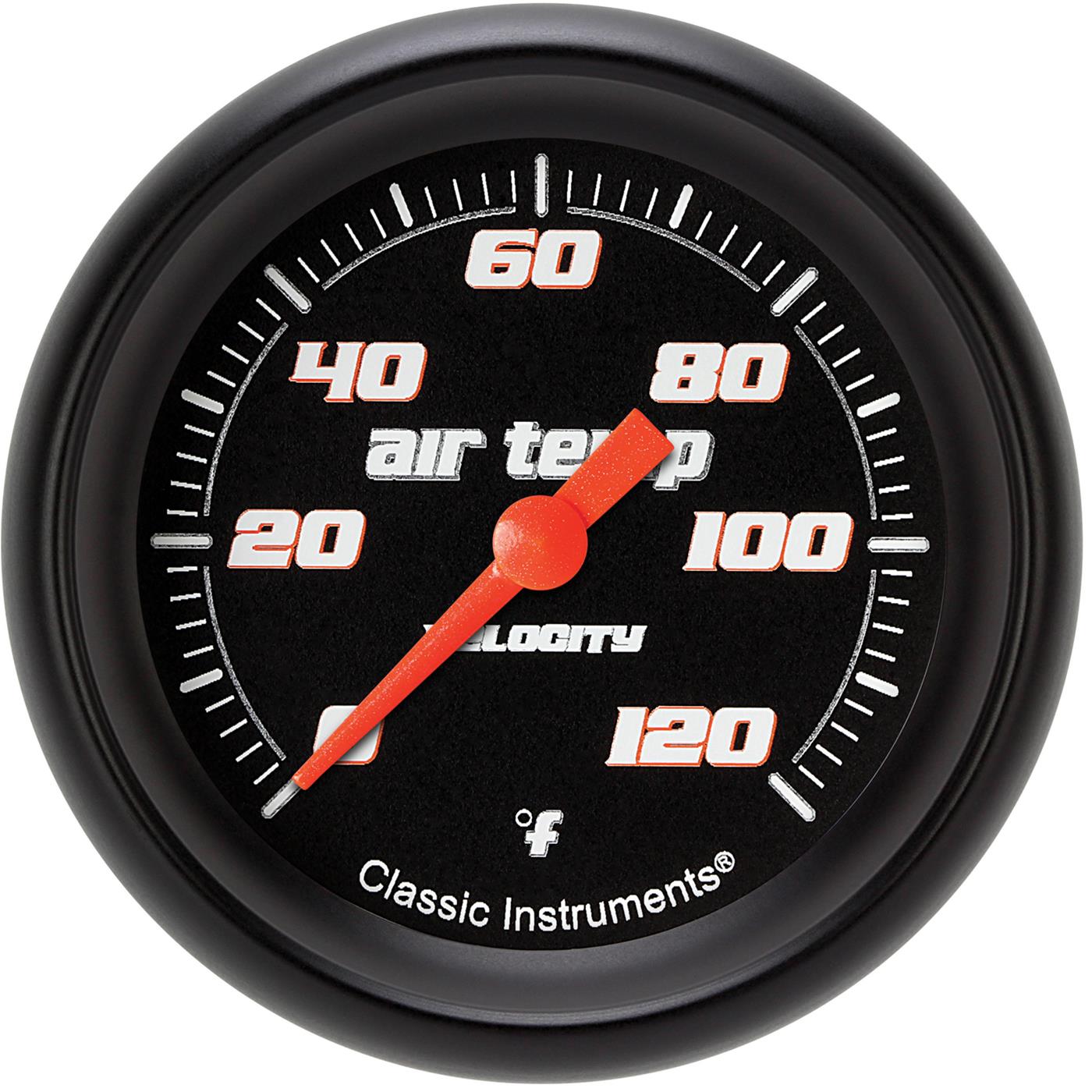 Classic Instruments Velocity Series Gauges VS399BBPF Gauges, Series, Air Temperature, 0-120 degrees F, Analog, Electrical, 2 5/8 in., Black Face, White Numbers, Matte Black Bezel, Each