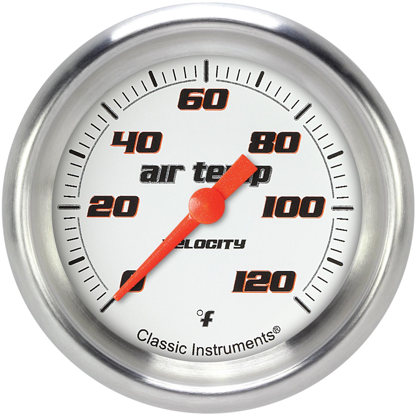 Classic Instruments Velocity Series Gauges VS399WAPF Gauges, Series, Air Temperature, 0-120 degrees F, Analog, Electrical, 2 5/8 in., White Face, Black Numbers, Each