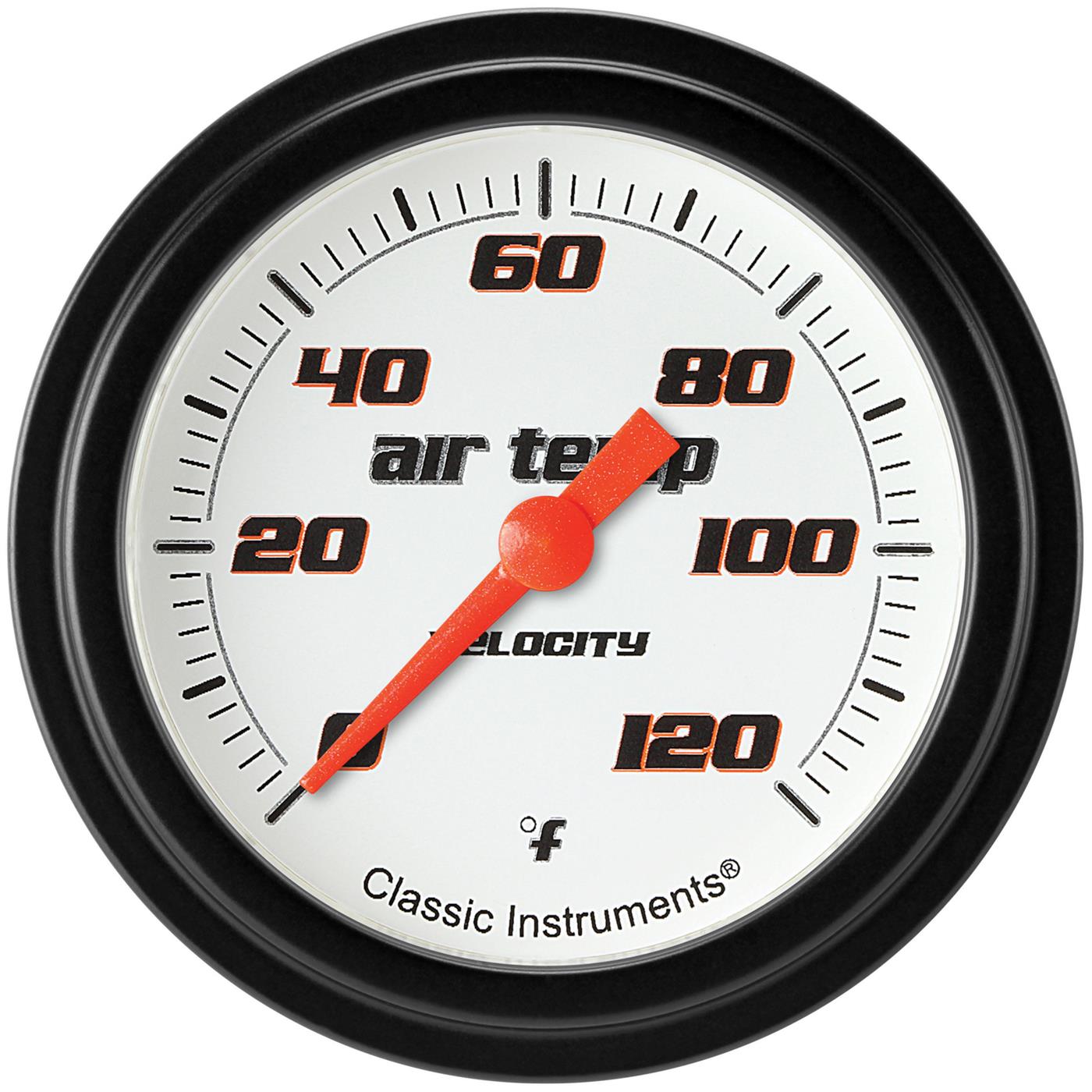 Classic Instruments Velocity Series Gauges VS399WBLF Gauges, Series, Air Temperature, 0-120 degrees F, Analog, Electrical, 2 5/8 in., White Face, Black Numbers, Matte Black Bezel, Each