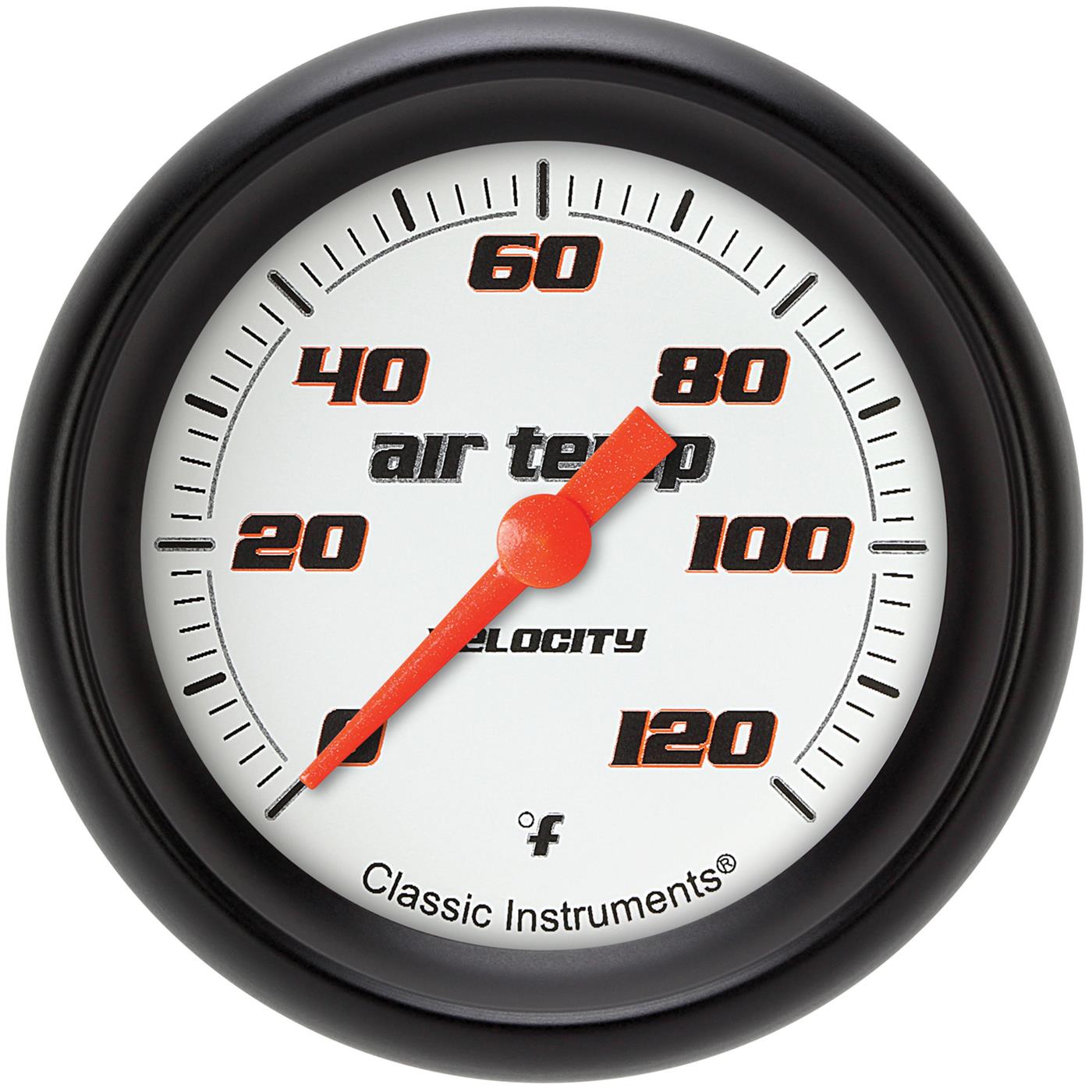 Classic Instruments Velocity Series Gauges VS399WBPF Gauges, Series, Air Temperature, 0-120 degrees F, Analog, Electrical, 2 5/8 in., White Face, Black Numbers, Matte Black Bezel, Each