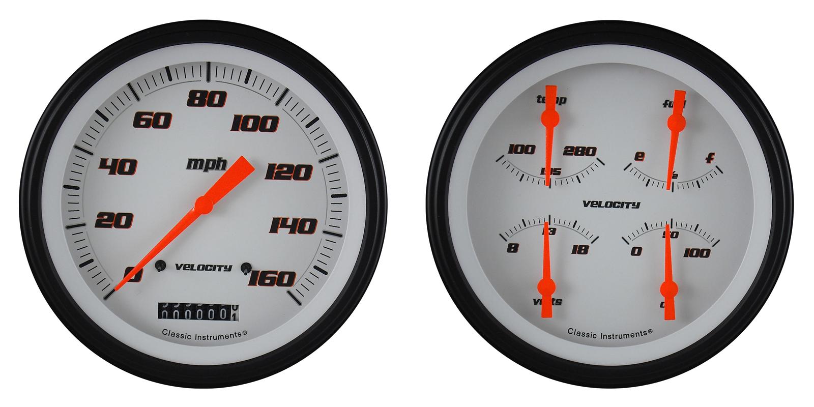 Classic Instruments Velocity Series Gauge Sets VS52WBLF Set, Series, Analog, Electronic, White Face, Orange Pointer, Black Bezel, Kit