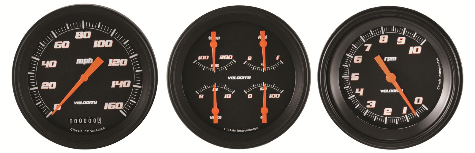 Classic Instruments Velocity Series Gauge Sets VS53BBLF Gauges, Velocity, Speedometer, Tach, Water Temperature, Fuel Level, 5 in., Black Face, Analog, Set of 3