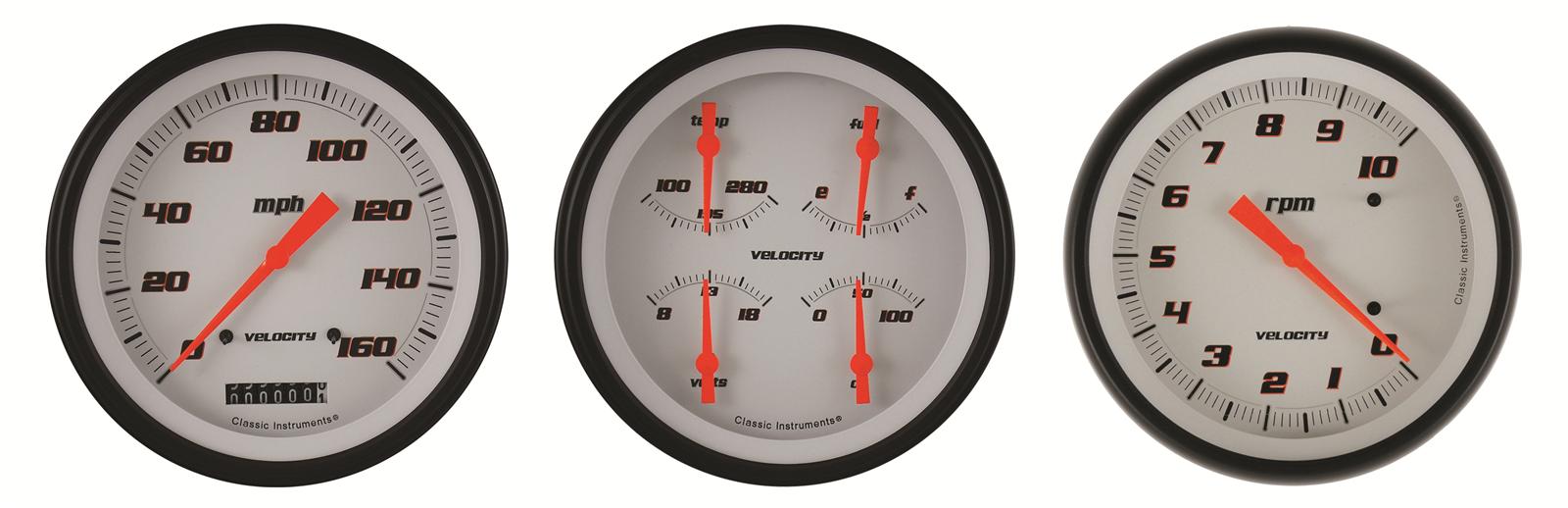 Classic Instruments Velocity Series Gauge Sets VS53WBLF Gauges, Velocity, Speedometer, Tach, Water Temperature, Fuel Level, 5 in., White Face, Analog, Set of 3