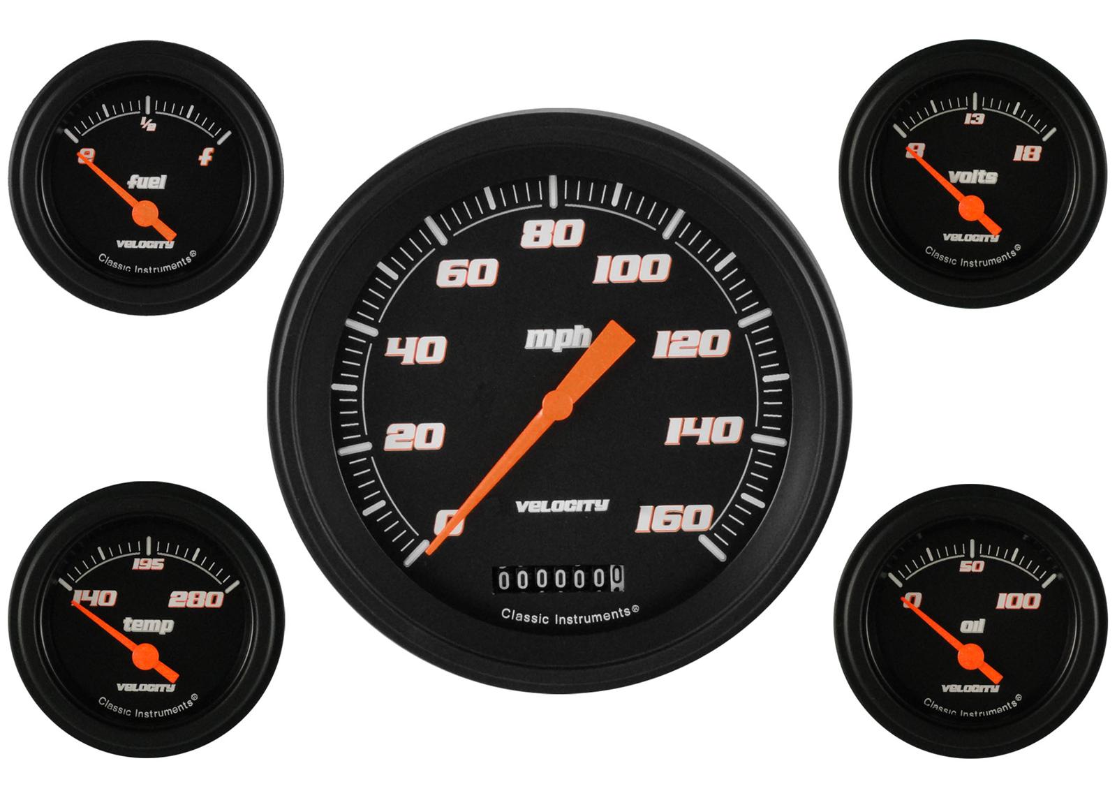 Classic Instruments Velocity Series Gauge Sets VS54BBLF Gauge, Velocity, Analog, Electrical, Speedometer, Fuel, Oil, Volt, Water, 5 in./2.125 in. Diameter, Black Face