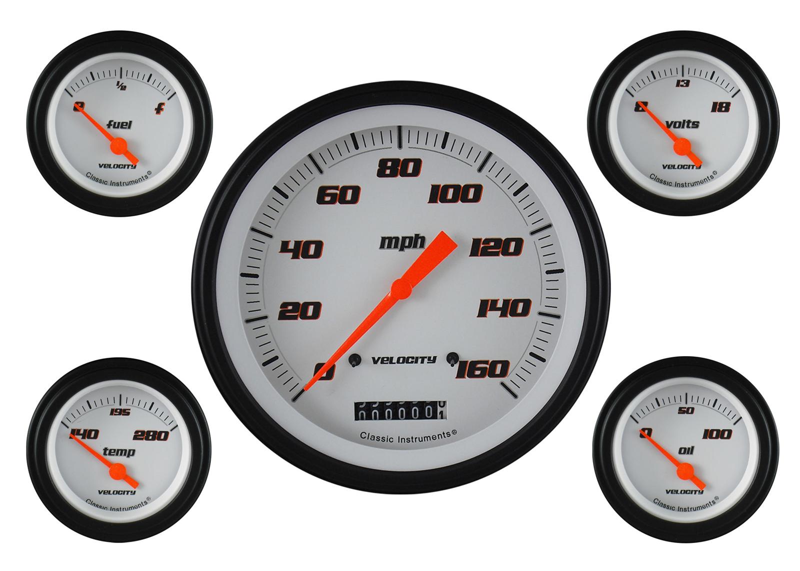 Classic Instruments Velocity Series Gauge Sets VS54WBLF Gauge, Velocity, Analog, Electrical, Speedometer, Fuel, Oil, Volt, Water, 5 in./2.125 in. Diameter, White Face