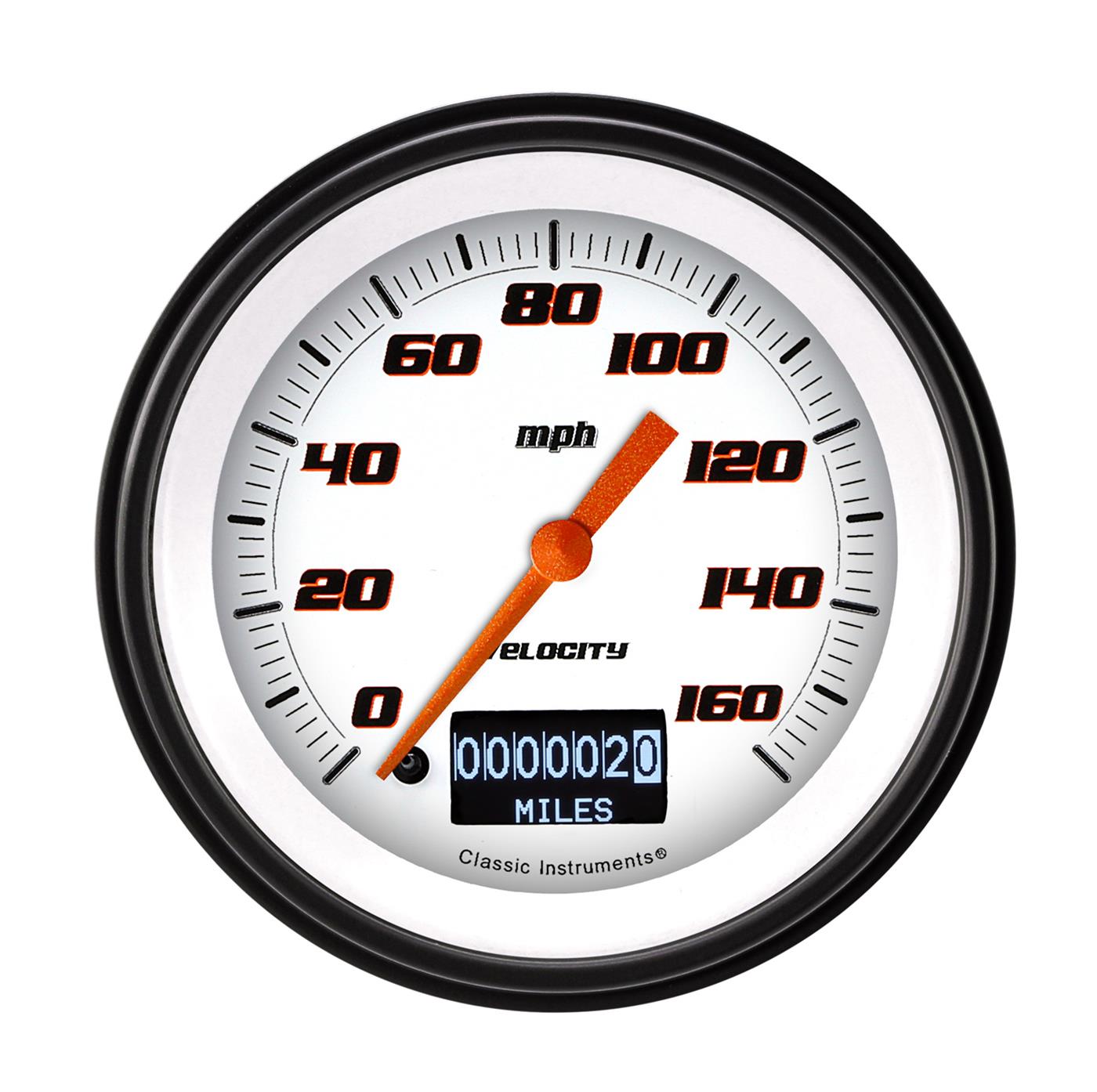Classic Instruments Velocity Series Speedometers VS55DWBLF Gauges, Speedometers, 0-160 mph, 3 3/8 in. Diameter, White Face, Black Numbers, Black Bezel, Analog, Electrical, Each