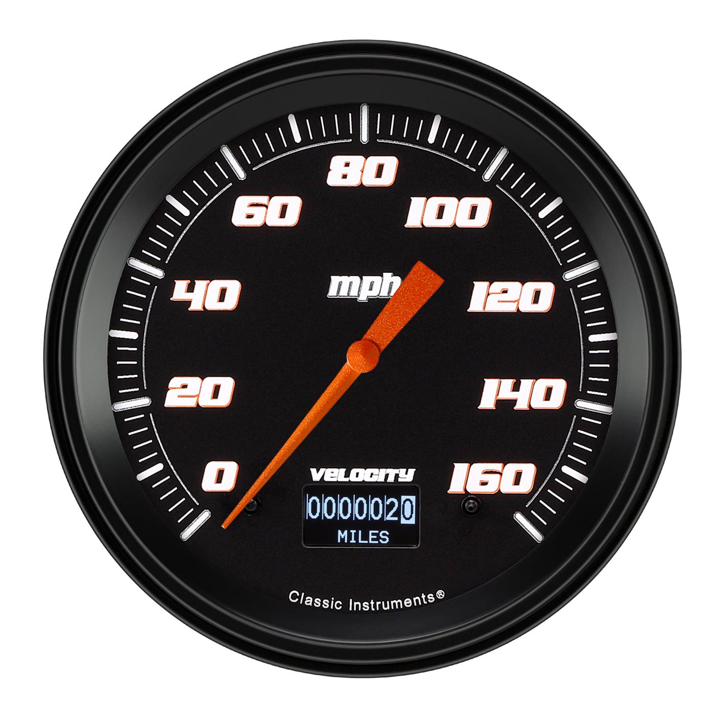 Classic Instruments Velocity Series Speedometers VS56DBBLF Gauges, Speedometers, 0-160 mph, 4 5/8 in. Diameter, Black Face, White Numbers, Black Bezel, Analog, Electrical, Each
