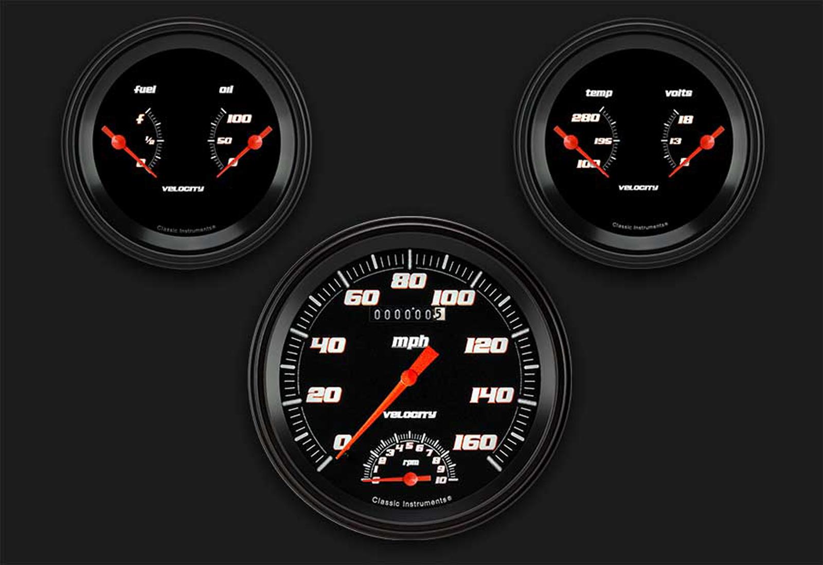 Classic Instruments Velocity Black Series Gauge Sets VS61BBLF Gauge, Black, 4 5/8 in., Speedometer, Tach, Oil Pressure, Water Temp, Voltmeter, Fuel Level, Low-Step Bezel, Flat Lens, Kit