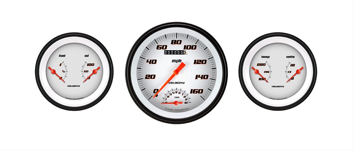 Classic Instruments Velocity Series Gauge Sets VS61WBLF Kits, Velocity, Analog, Speed, Tach, Fuel Level, Oil Pressure, Volts, Water Temp., White Face, Black with Orange Outline Numbers, 4 5/8 in., Kit