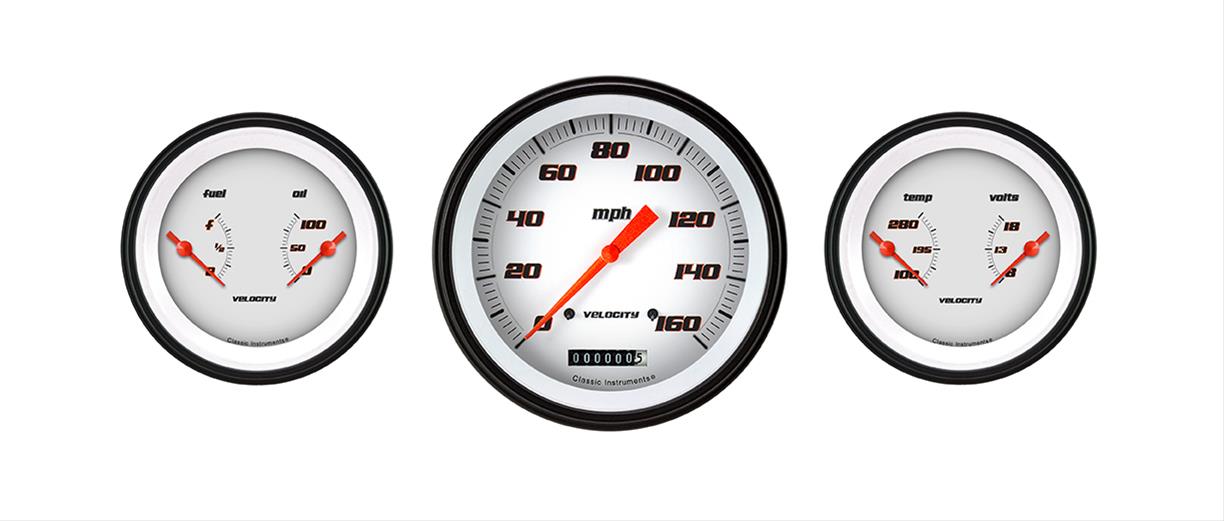 Classic Instruments Velocity Series Gauge Sets VS64WBLF Kits, Velocity, Analog, Speedometer, Fuel Level, Oil Pressure, Volts, Water Temp., White Face, Black with Orange Outline Numbers, 4 5/8 in., Kit