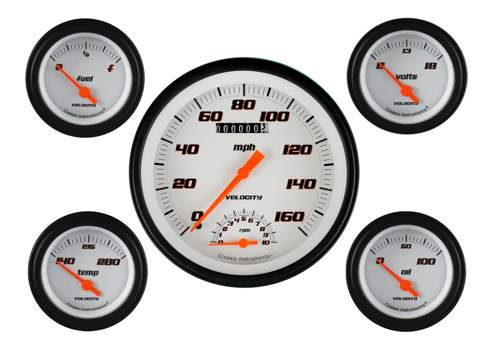 Classic Instruments Velocity Series Gauge Sets VS65WBLF Gauge, Velocity, Analog, Electrical, Speedometer, Tach., Fuel, Oil, Volt, Water, 5 in./2.125 in., White Face