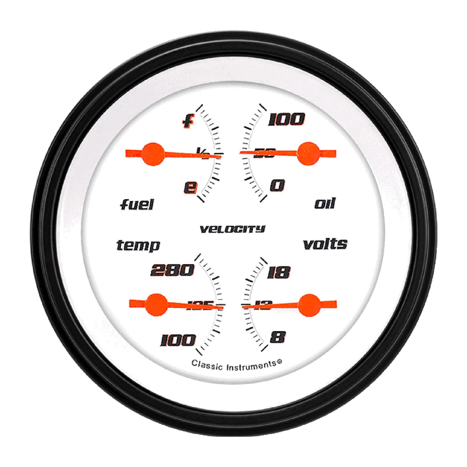 Classic Instruments Velocity Series Gauge Sets VS73WBLF Gauge, Velocity, Analog, Electrical, Fuel, Oil, Volt, Water, 3 3/8 in. Diameter, White Face, Each