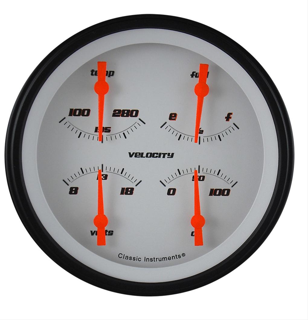 Classic Instruments Velocity Series Gauge Sets VS75WBLF Gauge, Velocity, Analog, Electrical, Fuel, Oil, Volt, Water, 5 in. Diameter, White Face, Each