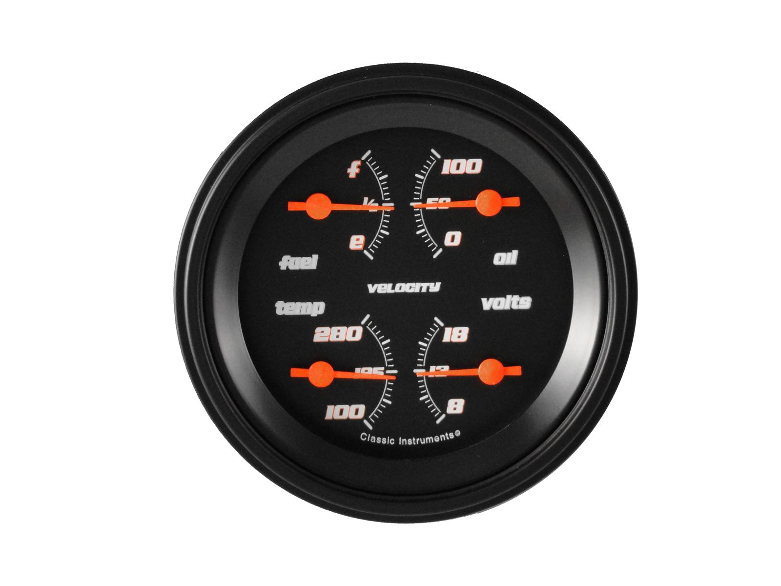 Classic Instruments Velocity Series Gauge Sets VS76BBLF Gauge, Velocity, Analog, Electrical, Fuel, Oil, Volt, Water, 3 3/8 in. Diameter, Black Face, Each