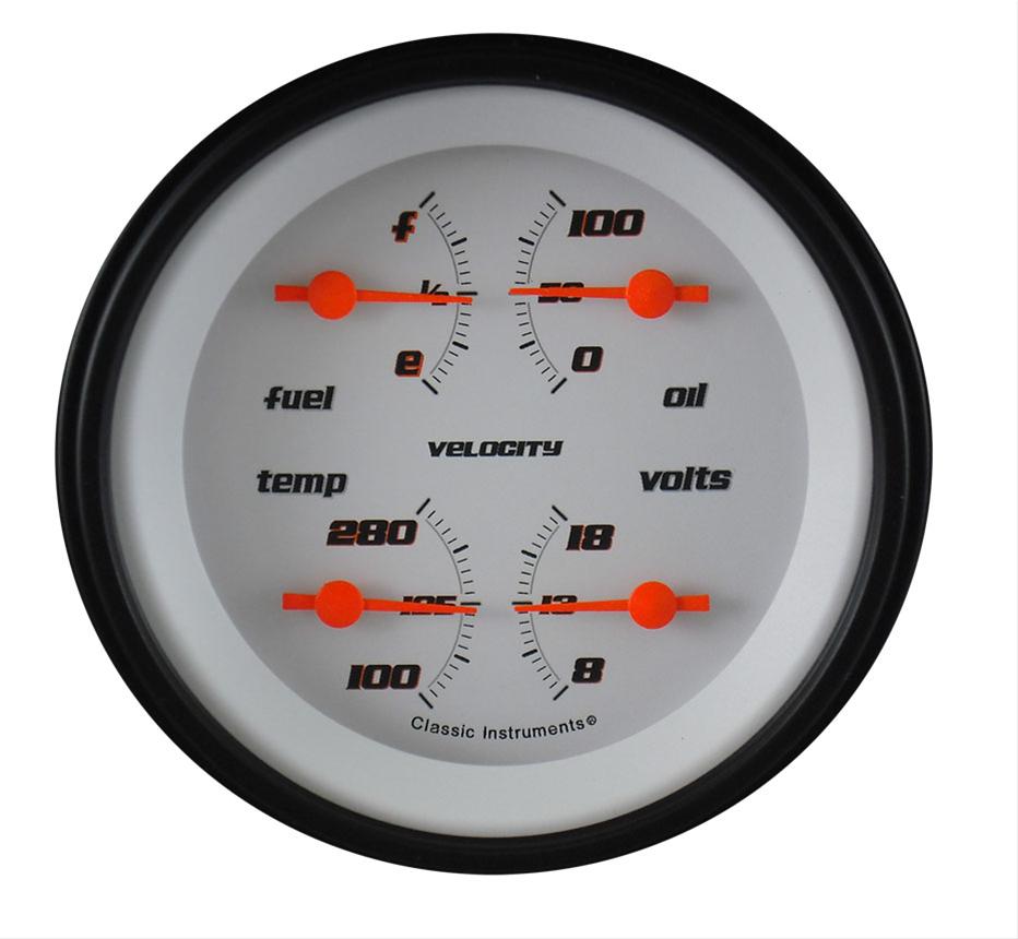 Classic Instruments Velocity Series Gauge Sets VS77WBLF Gauge, Velocity, Analog, Electrical, Fuel, Oil, Volt, Water, 3 3/8 in. Diameter, White Face, Each