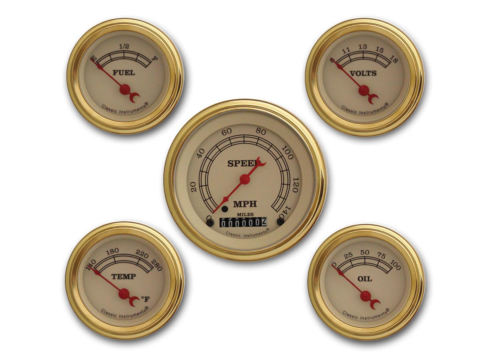 Classic Instruments Vintage Series Gauge Sets VT00GLF Gauges, Vintage, Analog, Speedometer, Oil Pressure, Water Temperature, Fuel Level, Voltmeter, Cream Face, Kit