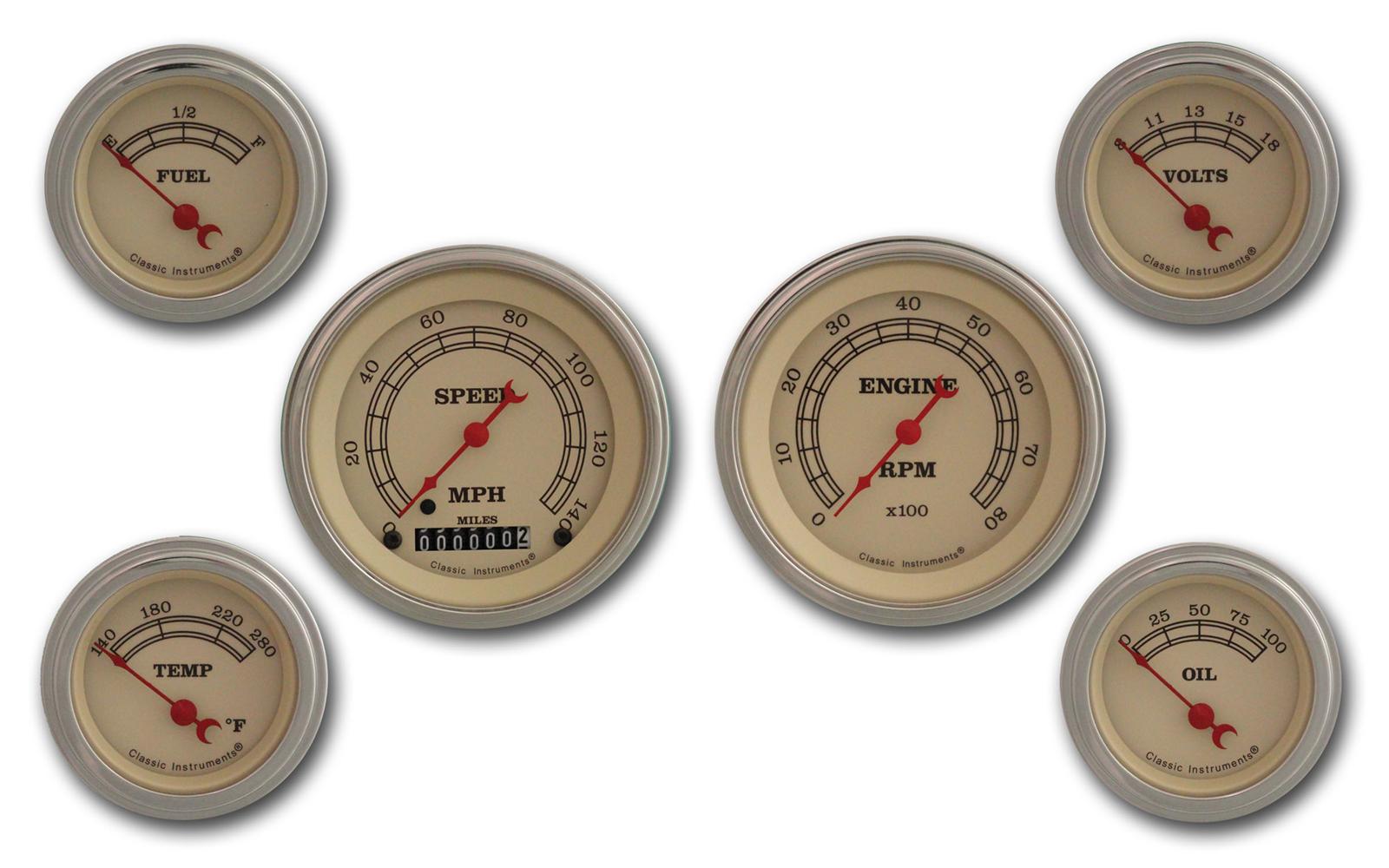 Classic Instruments Vintage Series Gauge Sets VT01SLC Gauges, Vintage, Analog, Speedometer, Tach, Oil Press., Water Temp., Fuel Level, Volts, Cream Face, Set of 6