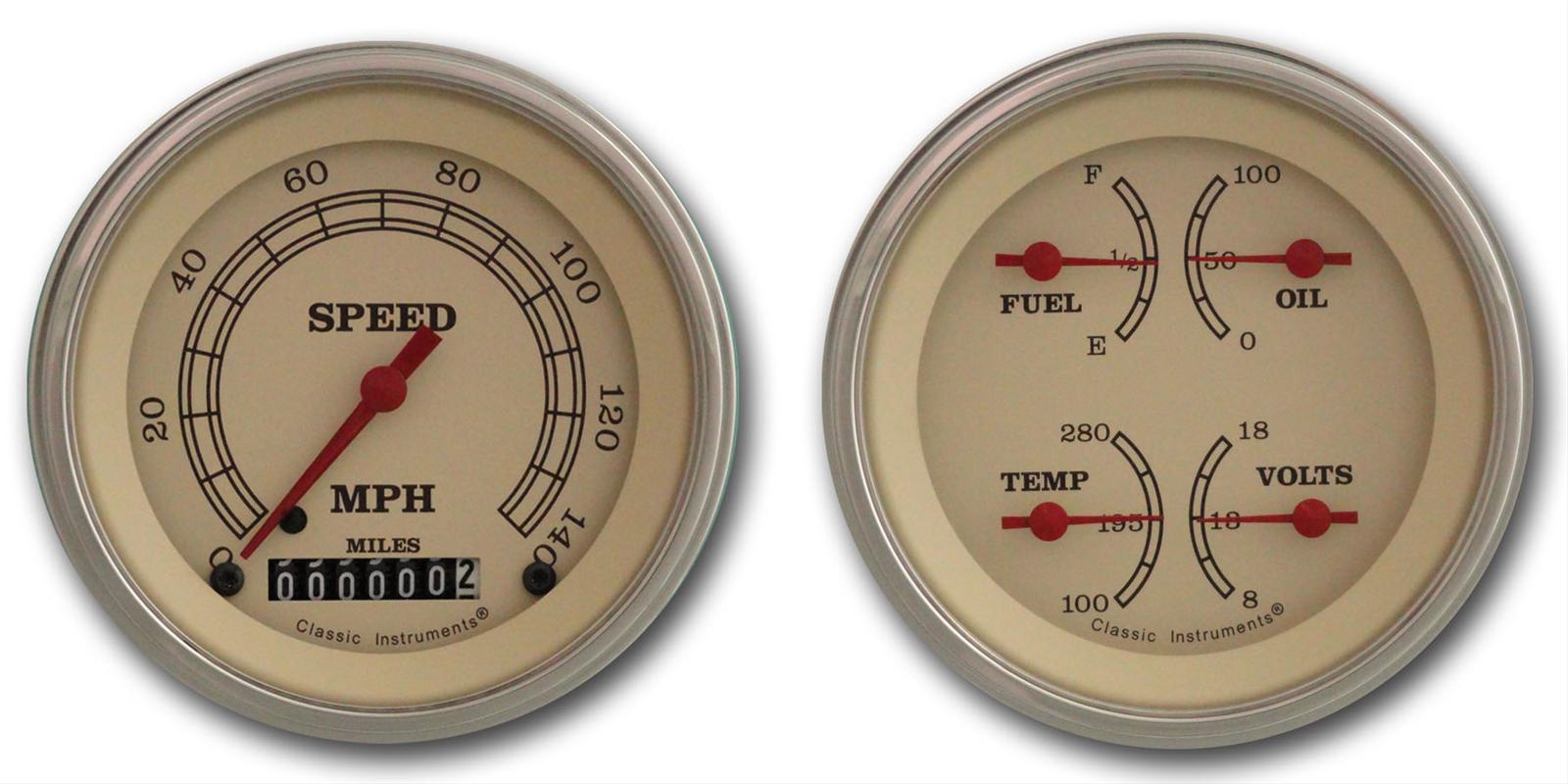 Classic Instruments Vintage Series Gauge Sets VT02SLF Set, Series, Analog, Electronic, Black Face, Red Pointer, Gold Bezel, Pair