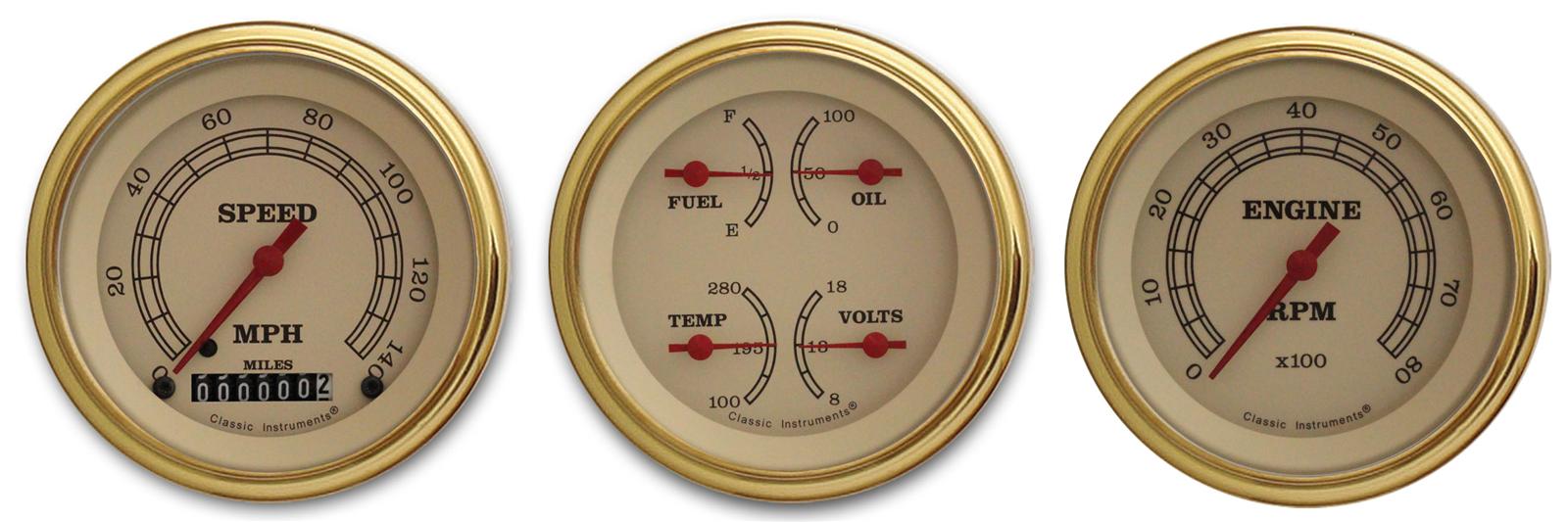Classic Instruments Vintage Series Gauge Sets VT03GLF Gauge, Vintage, Analog, Electrical, Speedo, Tach, Fuel, Oil, Volt, Water, 3 3/8 in. Diameter, Cream Face, Set