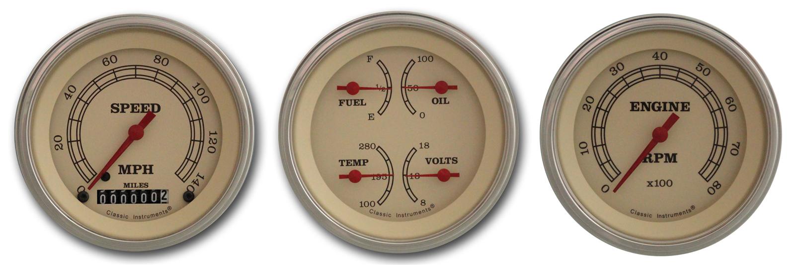 Classic Instruments Vintage Series Gauge Sets VT03SLF Gauges, Series, Speedometer, Tach, Water Temperature, Fuel Level, Cream Face, Analog, Set of 3