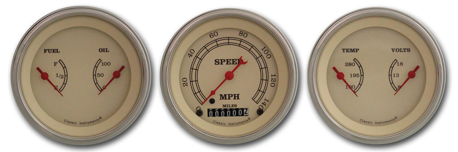 Classic Instruments Vintage Series Gauge Sets VT04SLC Gauge, Vintage, Analog, Electrical, Speedometer, Fuel, Oil, Volt, Water, 3 3/8 in. Diameter, Cream Face, Set