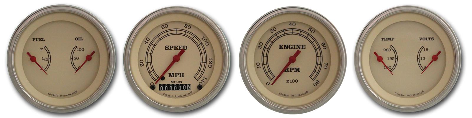 Classic Instruments Vintage Series Gauge Sets VT05SLF Gauge, Vintage, Analog, Electrical, Speedo, Tach, Fuel, Oil, Volt, Water, 3 3/8 in. Diameter, Cream Face, Set
