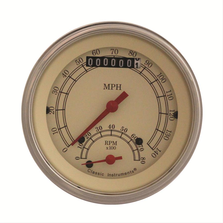 Classic Instruments Vintage Series Gauge Sets VT20SLC Gauge, Vintage, Speedometer, Tachometer, Analog, Electronic, 3 3/8 in. Diameter, Cream Face, Polished Bezel