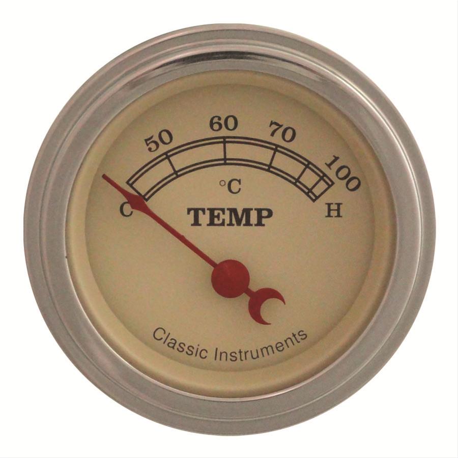 Classic Instruments Vintage Series Gauges VT25SLC Gauge, Series, Water Temperature, 35-100 degrees C, 2 1/8 in., Tan Face, Analog, Electrical, Each