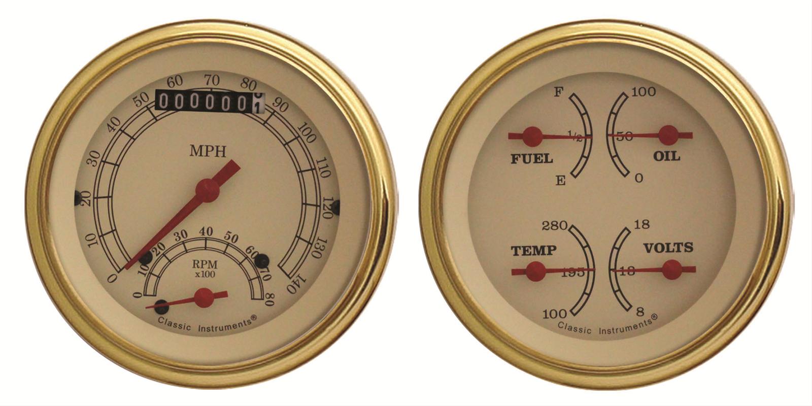 Classic Instruments Vintage Series Gauge Sets VT32GLF Gauge, Vintage, Analog, Electronic, Speedo, Tach, Oil, Water, Volt, Fuel, 3 3/8 in., Cream Face, Gold Bezel