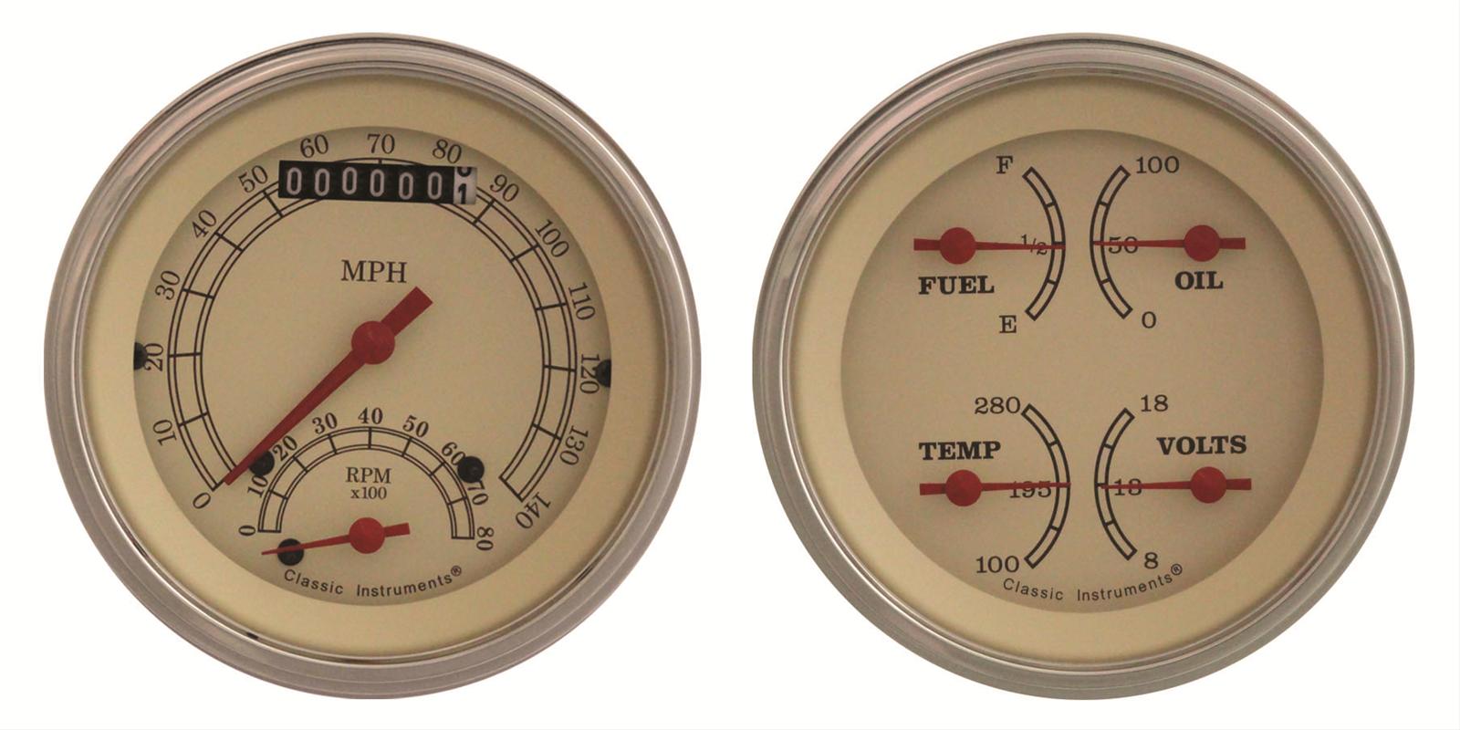 Classic Instruments Vintage Series Gauge Sets VT32SLC Gauges, Series, Speedometer, Tach, Water Temperature, Voltmeter, Fuel Level, Cream Face, Analog, Pair