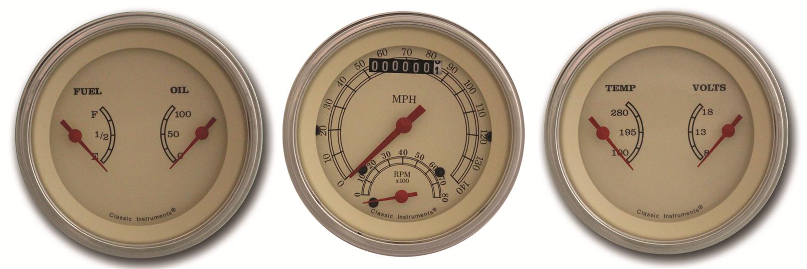 Classic Instruments Vintage Series Gauge Sets VT34SLC Gauge, Vintage, Analog, Electronic, Speedo, Tach, Oil, Water, Volt, Fuel, 3 3/8 in, Cream Face, Polished Bezel